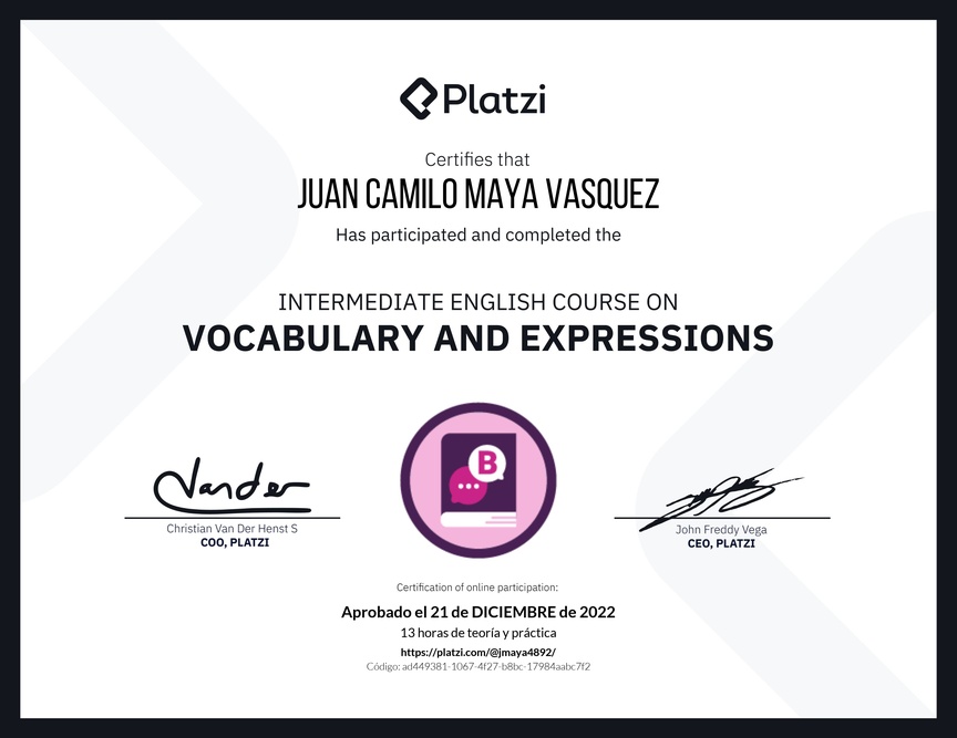 Diploma del Curso Intermedio de Vocabulario y Expresiones en Inglés