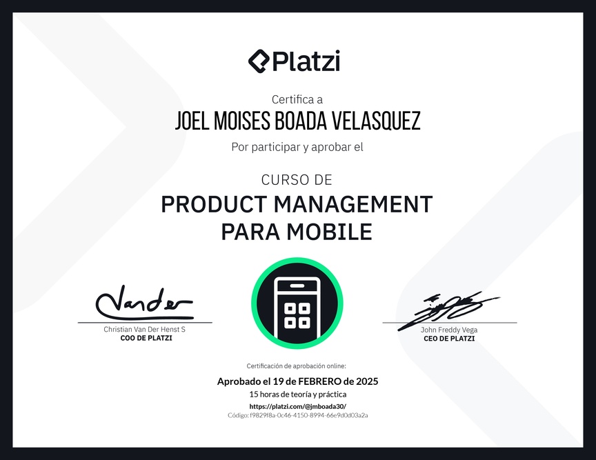 Diploma del Curso de Product Management para Mobile