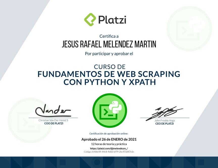 Diploma del Curso de Fundamentos de Web Scraping con Python y Xpath