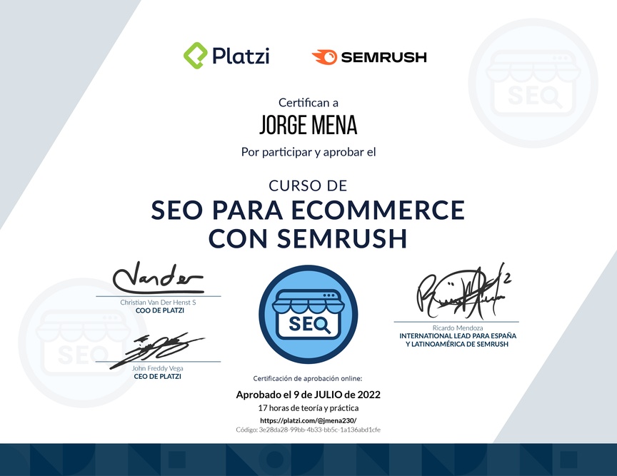 Diploma del Curso de SEO para E-Commerce con Semrush