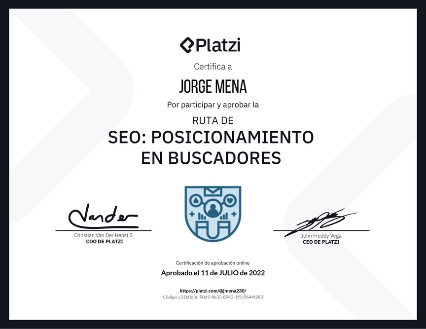 Diploma de la Ruta de Aprendizaje de SEO: Posicionamiento en Buscadores