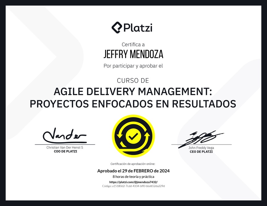 Diploma del Curso de Agile Delivery Management: Proyectos Enfocados en Resultados