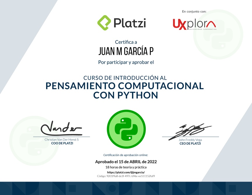 Diploma del Curso de Introducción al Pensamiento Computacional con Python