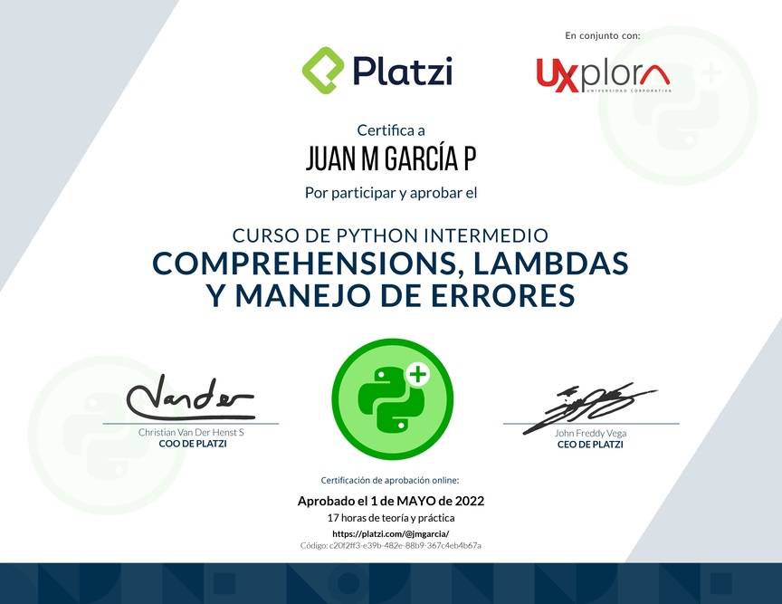 Diploma del Curso de Python Intermedio: Comprehensions, Lambdas y Manejo de Errores