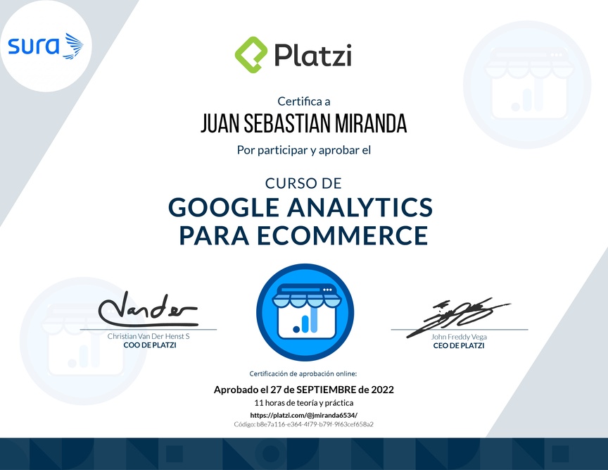 Diploma del Curso de Análisis de Reportes de Ecommerce con Google Analytics