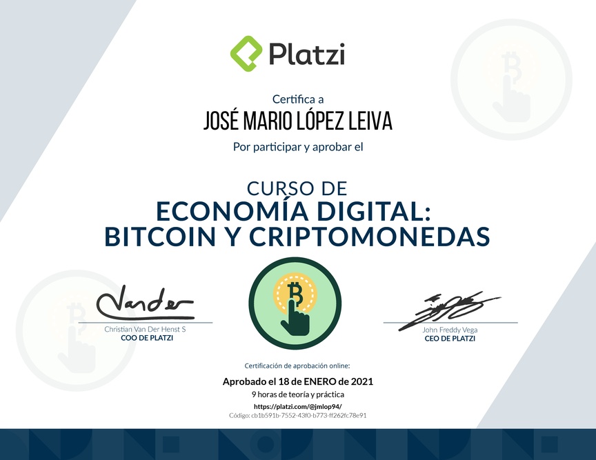 Diploma del Curso de Lectura Economía Digital: Bitcoin y Criptomonedas