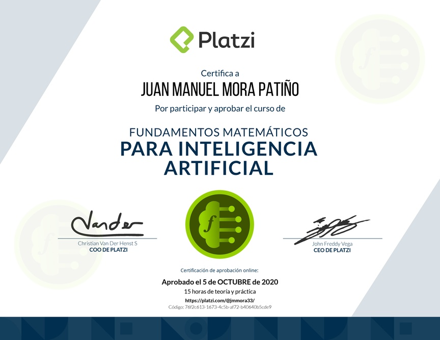 Diploma del Curso de Fundamentos Matemáticos para Inteligencia Artificial 2019