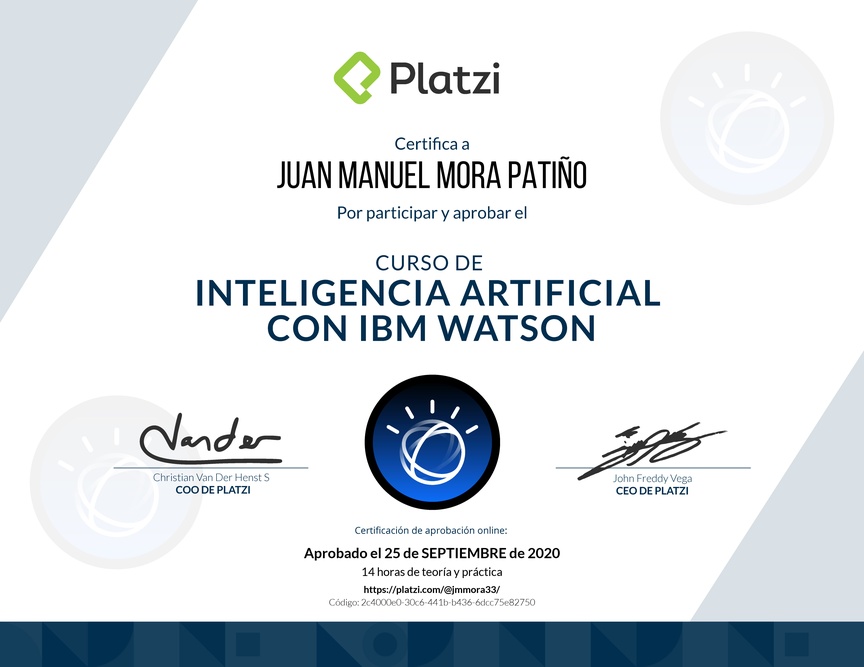 Diploma del Curso de Inteligencia Artificial con IBM Watson