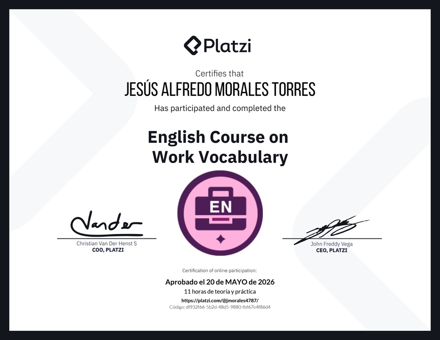 Diploma del Curso de Vocabulario en Inglés para el Trabajo