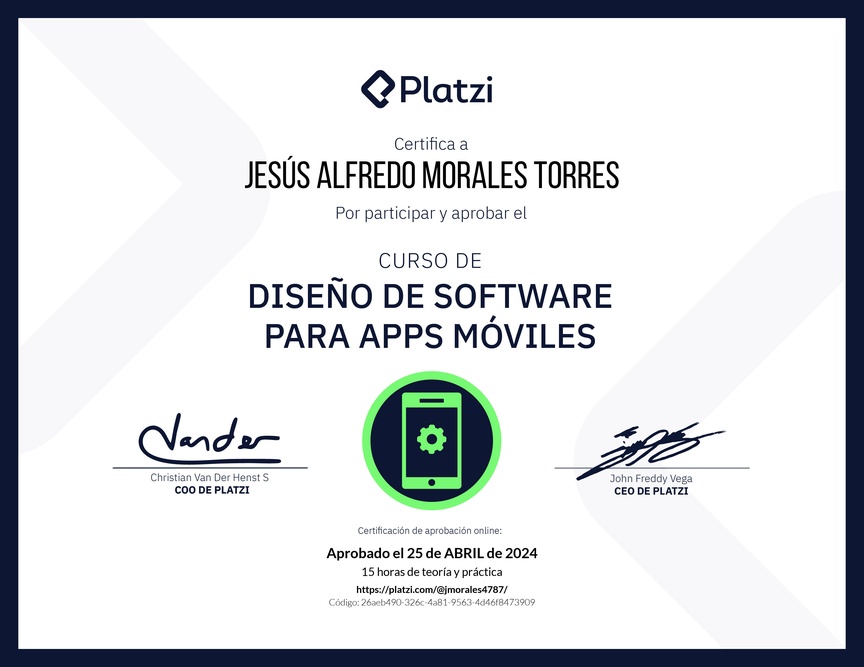 Diploma del Curso de Diseño de Software para Apps Móviles