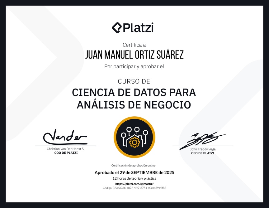 Diploma del Curso de Ciencia de Datos para Análisis de Negocio