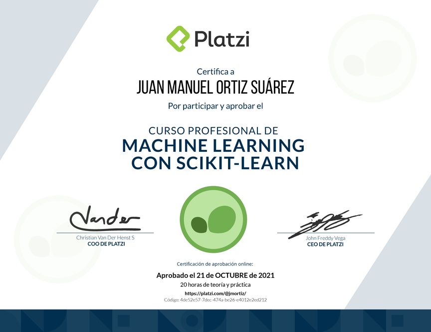 Diploma del Curso Profesional de Machine Learning con scikit-learn