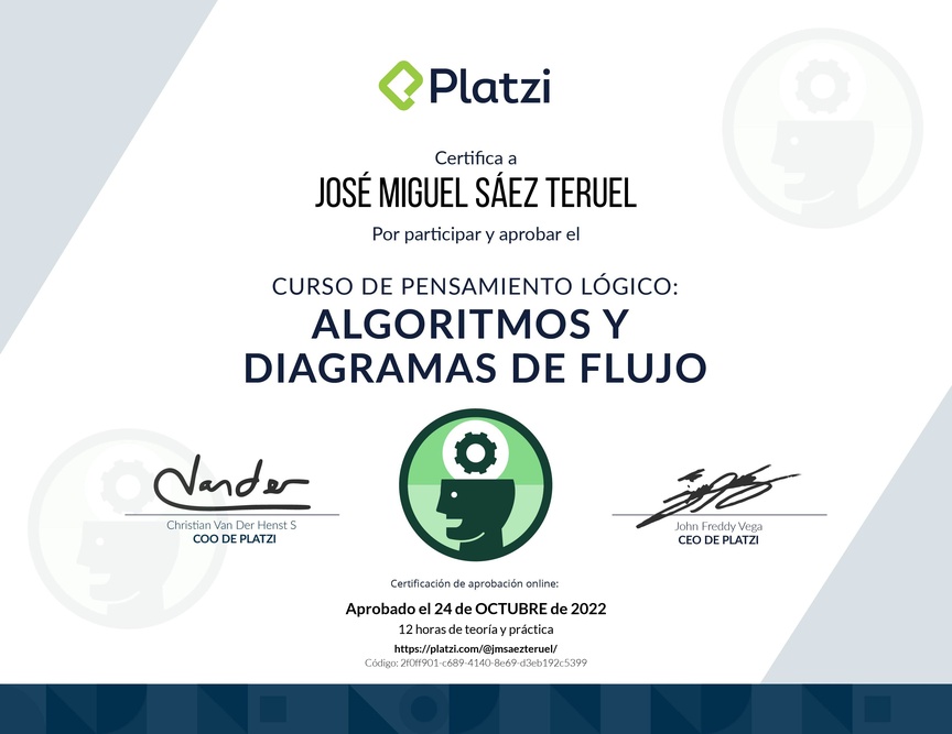 Diploma del Curso de Pensamiento Lógico: Algoritmos y Diagramas de Flujo