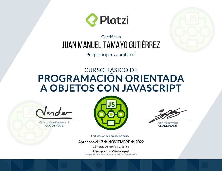 Diploma del Curso Básico de Programación Orientada a Objetos con JavaScript