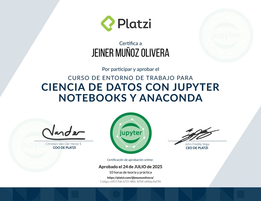 Diploma del Curso de Entorno de Trabajo para Ciencia de Datos con Jupyter Notebooks y Anaconda