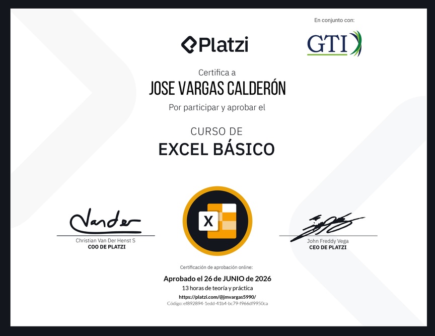 Diploma del Curso de Excel Básico