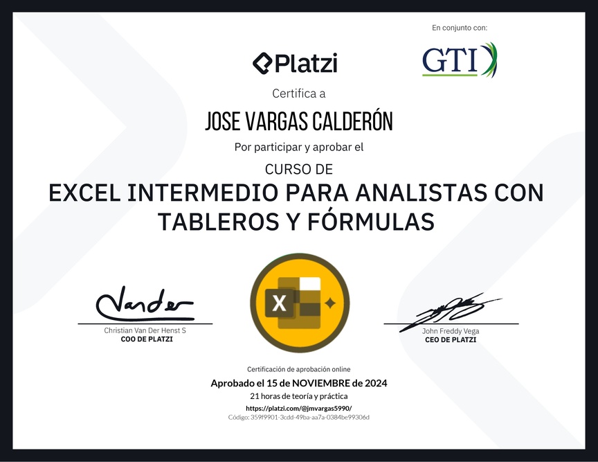 Diploma del Curso de Excel Intermedio para Analistas con Tableros y Fórmulas