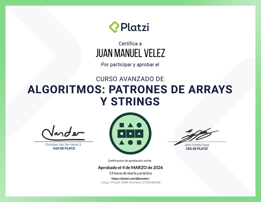 Diploma del Curso de  Algoritmos Avanzados: Patrones de Arrays y Strings