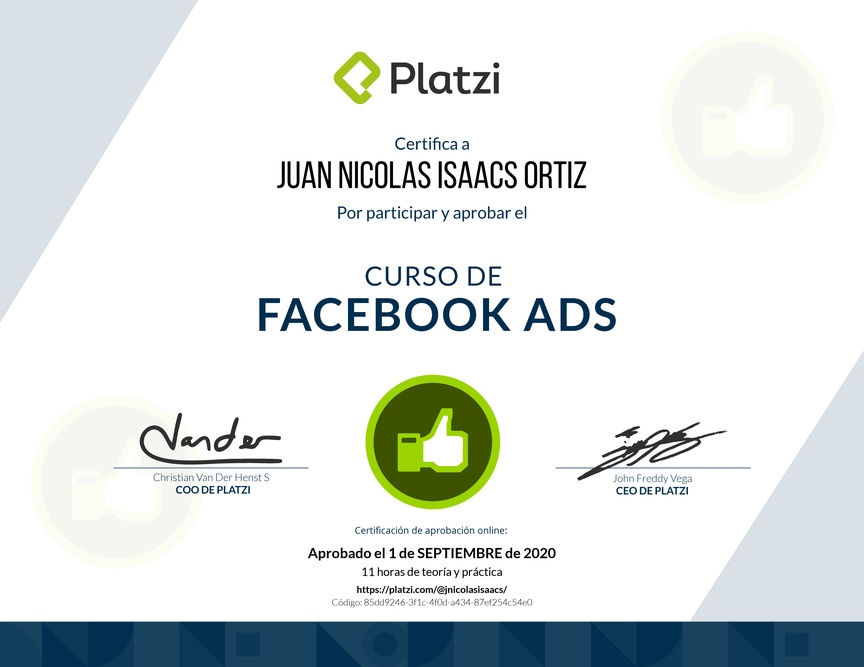 Diploma del Curso de Facebook Ads 2018
