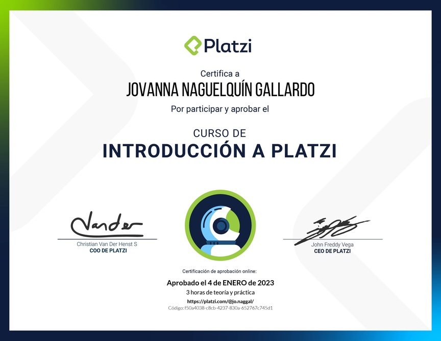 Diploma del Curso de Introducción a Platzi 🇨🇱