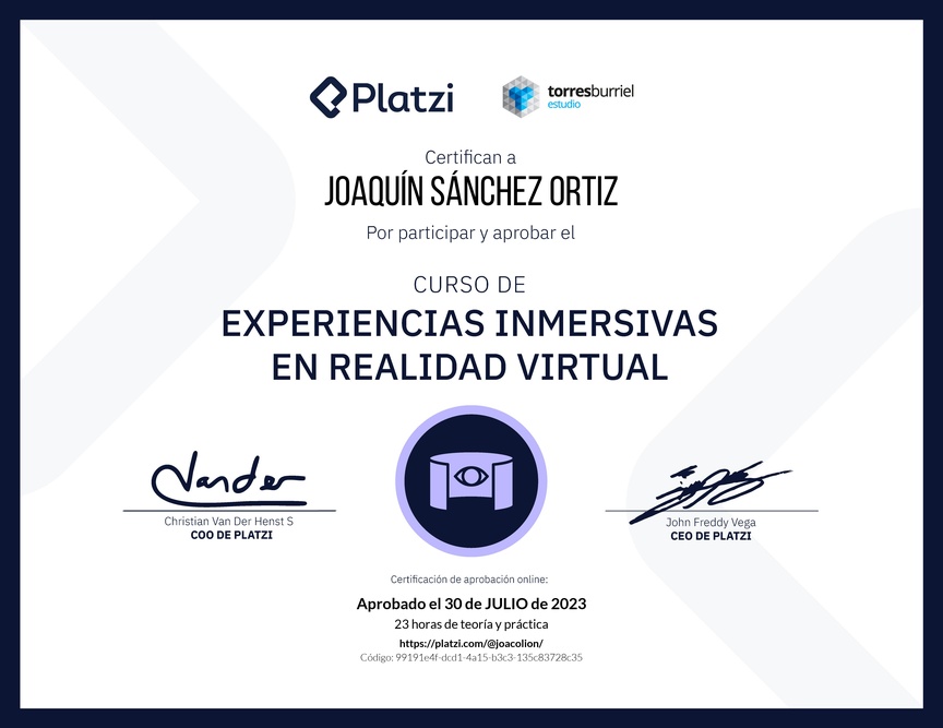 Diploma del Curso de Experiencias Inmersivas en Realidad Virtual