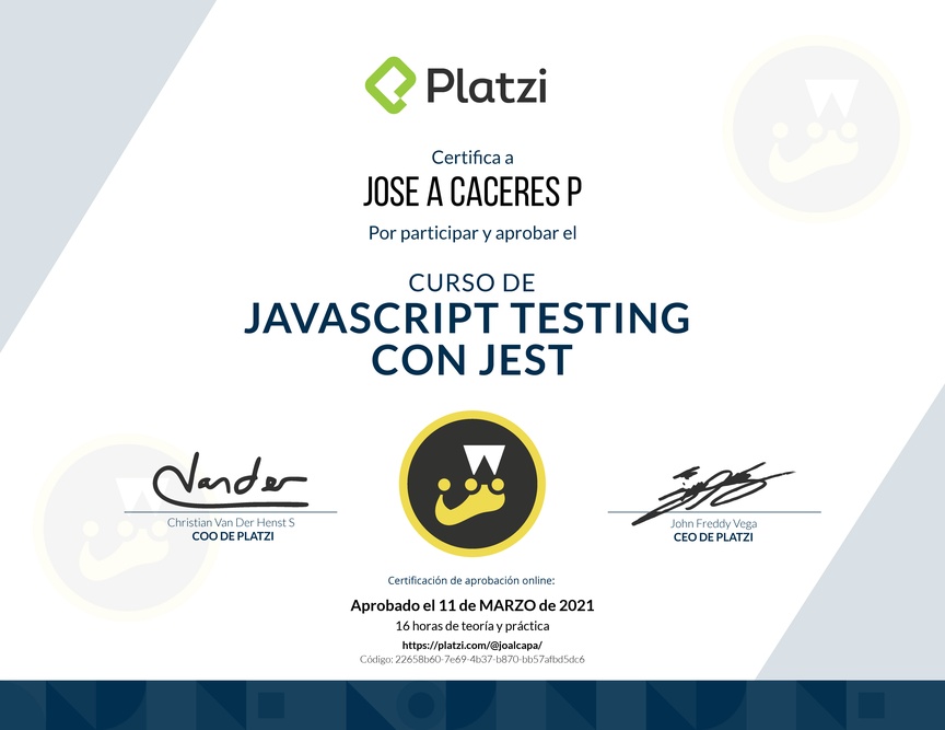 Diploma del Curso de JavaScript Testing con Jest 2019