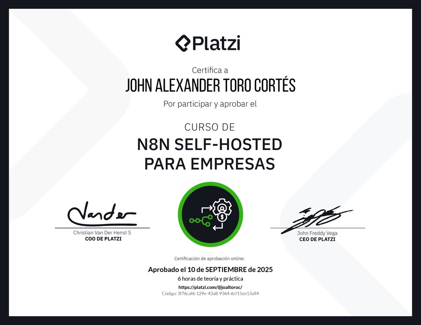 Diploma del Curso de n8n Self-Hosted para Empresas