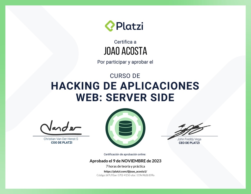 Diploma del Curso de Hacking: Aplicaciones Web Server Side