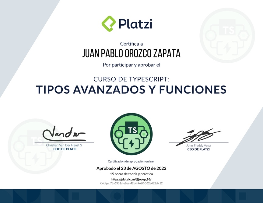 Diploma del Curso de TypeScript: Tipos Avanzados y Funciones