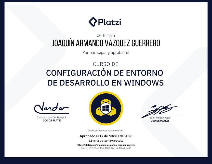 Diploma del Curso de Configuración de Entorno de Desarrollo en Windows