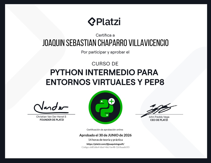 Diploma del Curso de Python Intermedio para Entornos virtuales y PEP8