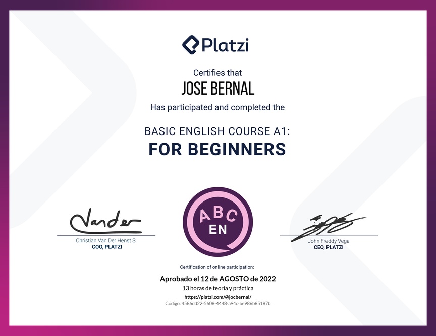 Diploma del Curso de Inglés Básico para Principiantes - (2022)