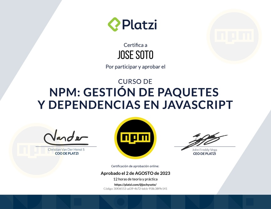 Diploma del Curso de NPM: Gestión de Paquetes y Dependencias en JavaScript