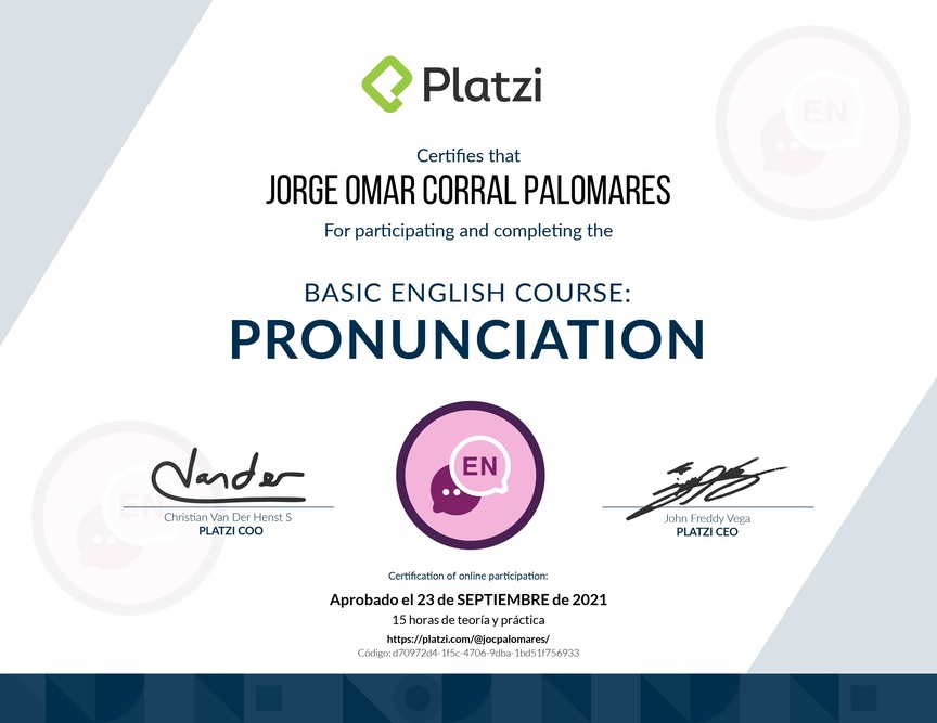 Diploma del Curso de pronunciación básica en Inglés 2020