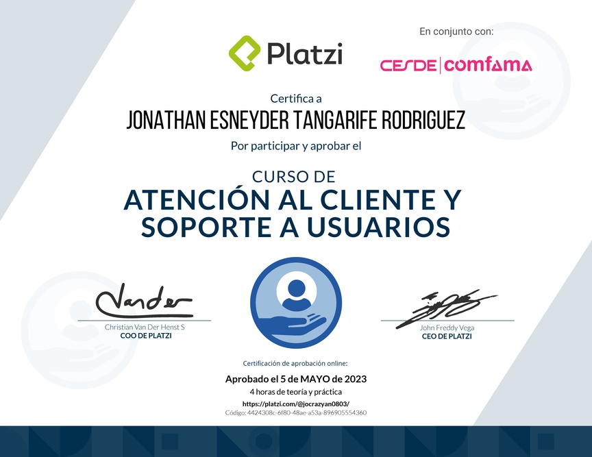 Diploma del Curso de Servicio al Cliente y Soporte a Usuarios