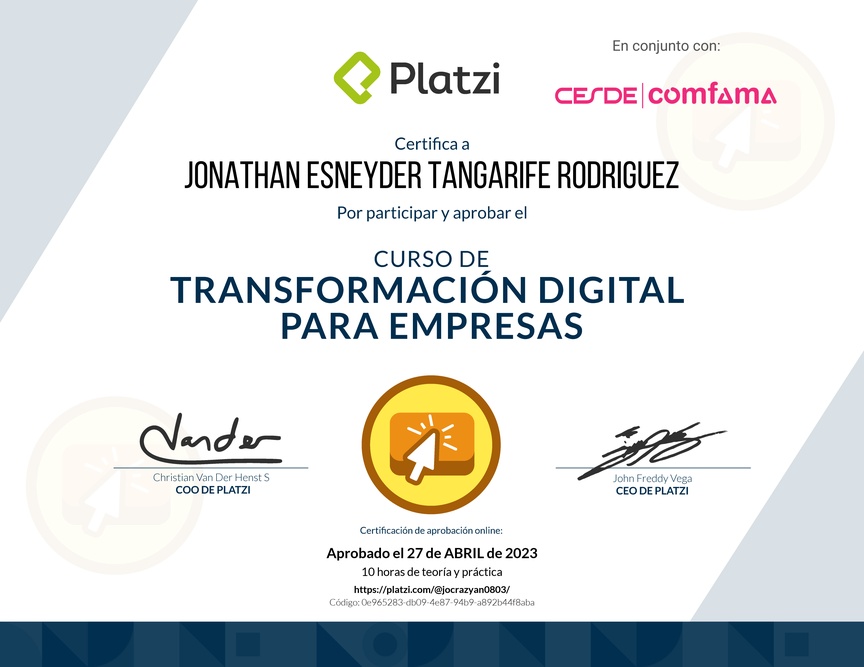 Diploma del Curso de Transformación Digital para el Crecimiento de tu Empresa