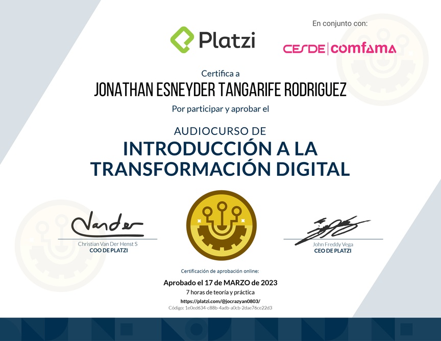 Diploma de Audiocurso de Transformacion Digital Inicial para Comprender, Identificar y Hacer Crecer tu Empresa