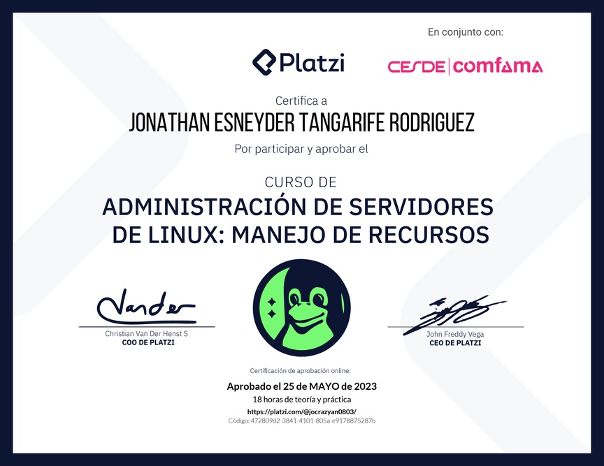 Diploma del Curso de Administración de Servidores Linux: Manejo de Recursos