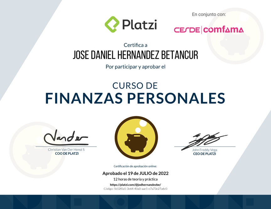 Diploma del Curso de Educación Financiera y Finanzas Personales