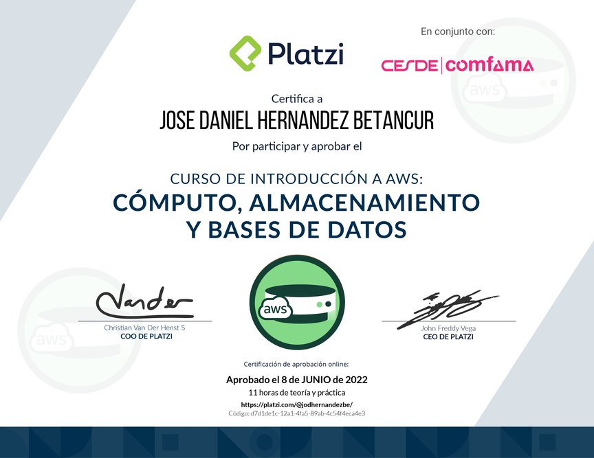 Diploma del Curso de Introducción a AWS: Cómputo, Almacenamiento y Bases de Datos