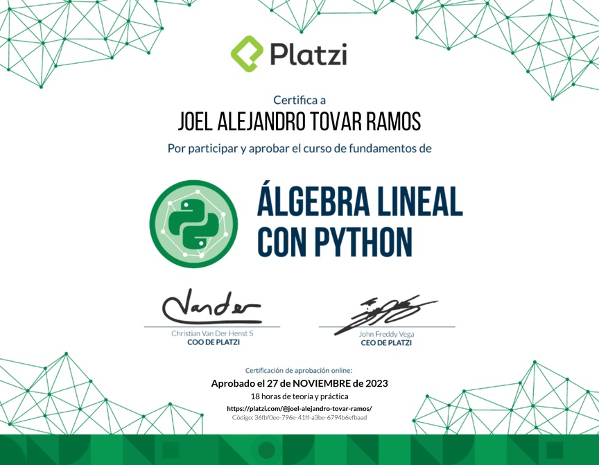 Diploma del Curso de Fundamentos de Álgebra Lineal con Python