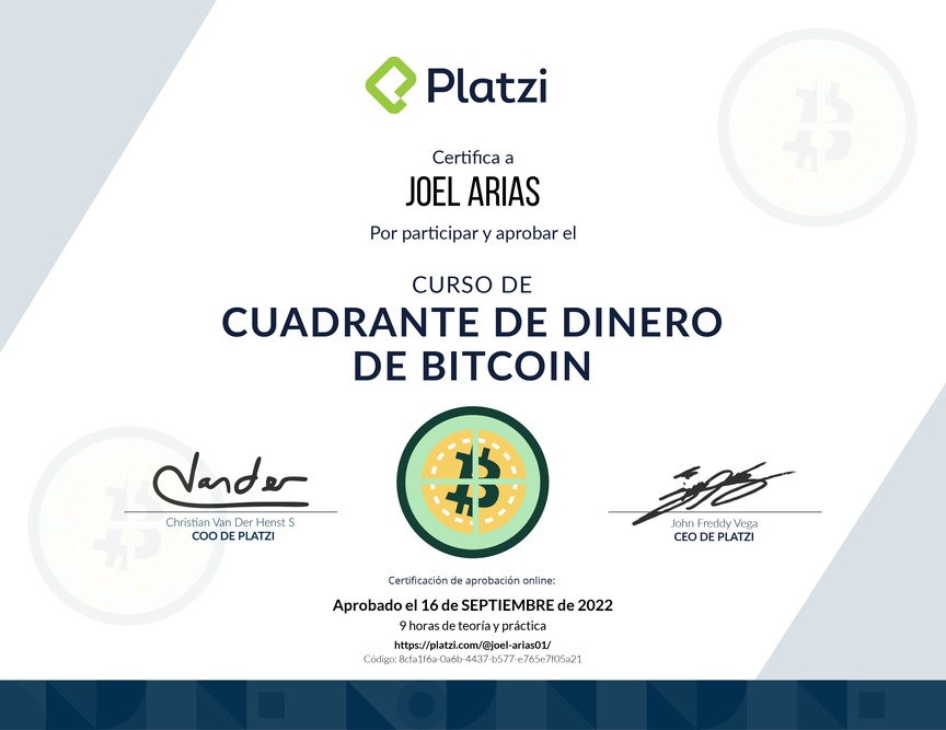 Diploma de Cuadrante de Dinero de Bitcoin y Criptomonedas