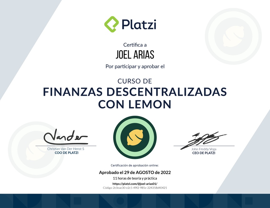 Diploma del Curso de Introducción a Finanzas Descentralizadas (DeFi)