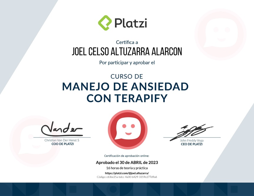 Diploma del Curso de Manejo de Ansiedad con Terapify