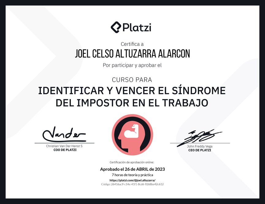 Diploma del Curso para Identificar y Vencer el Síndrome del Impostor