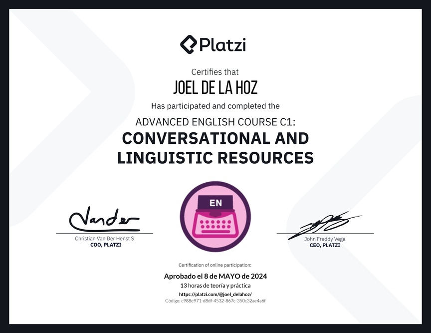 Diploma del Curso de Inglés Avanzado C1: Recursos Conversacionales y Lingüísticos