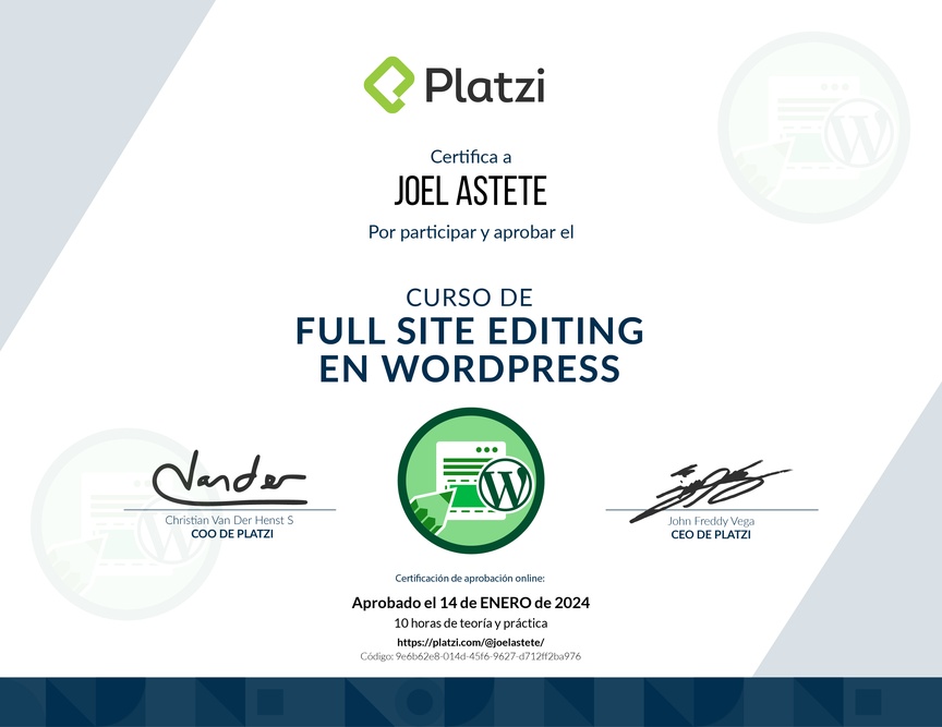 Diploma del Curso de Full Site Editing en WordPress