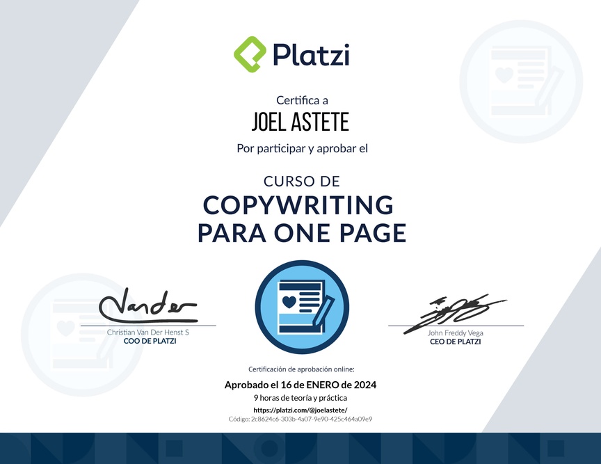 Diploma del Curso de Copywriting para One Page Web