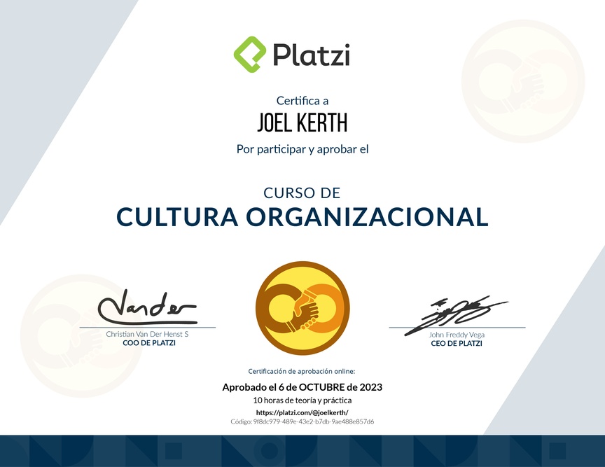 Diploma del Curso de Cultura Organizacional para Diagnosticar y Potenciar el Desarrollo de tu Empresa