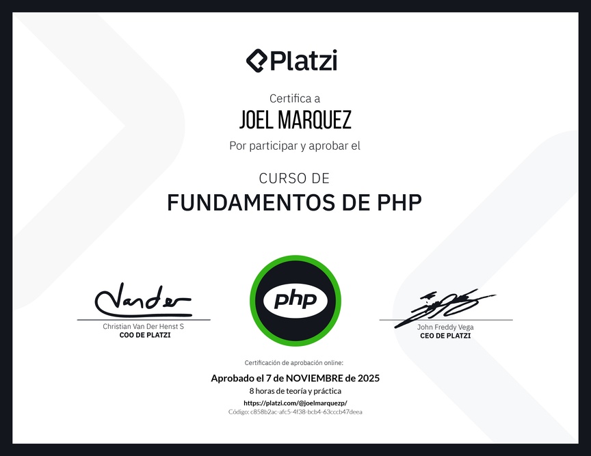Diploma del Curso de Fundamentos de PHP